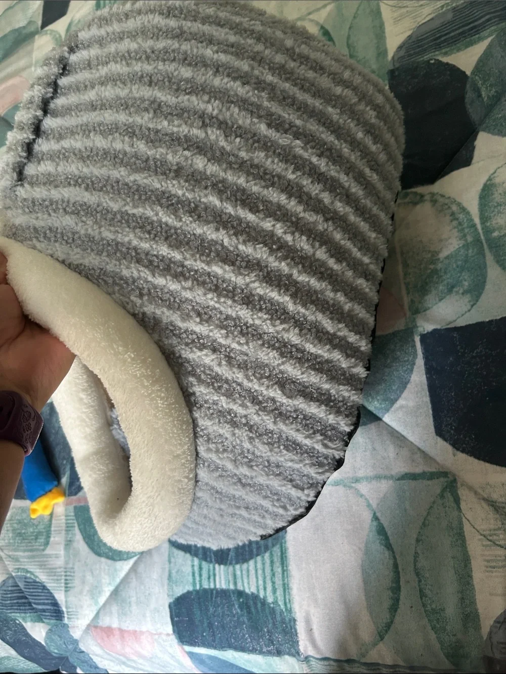 Cozy Gray Sherpa Pet Cave Bed with Cream Trim